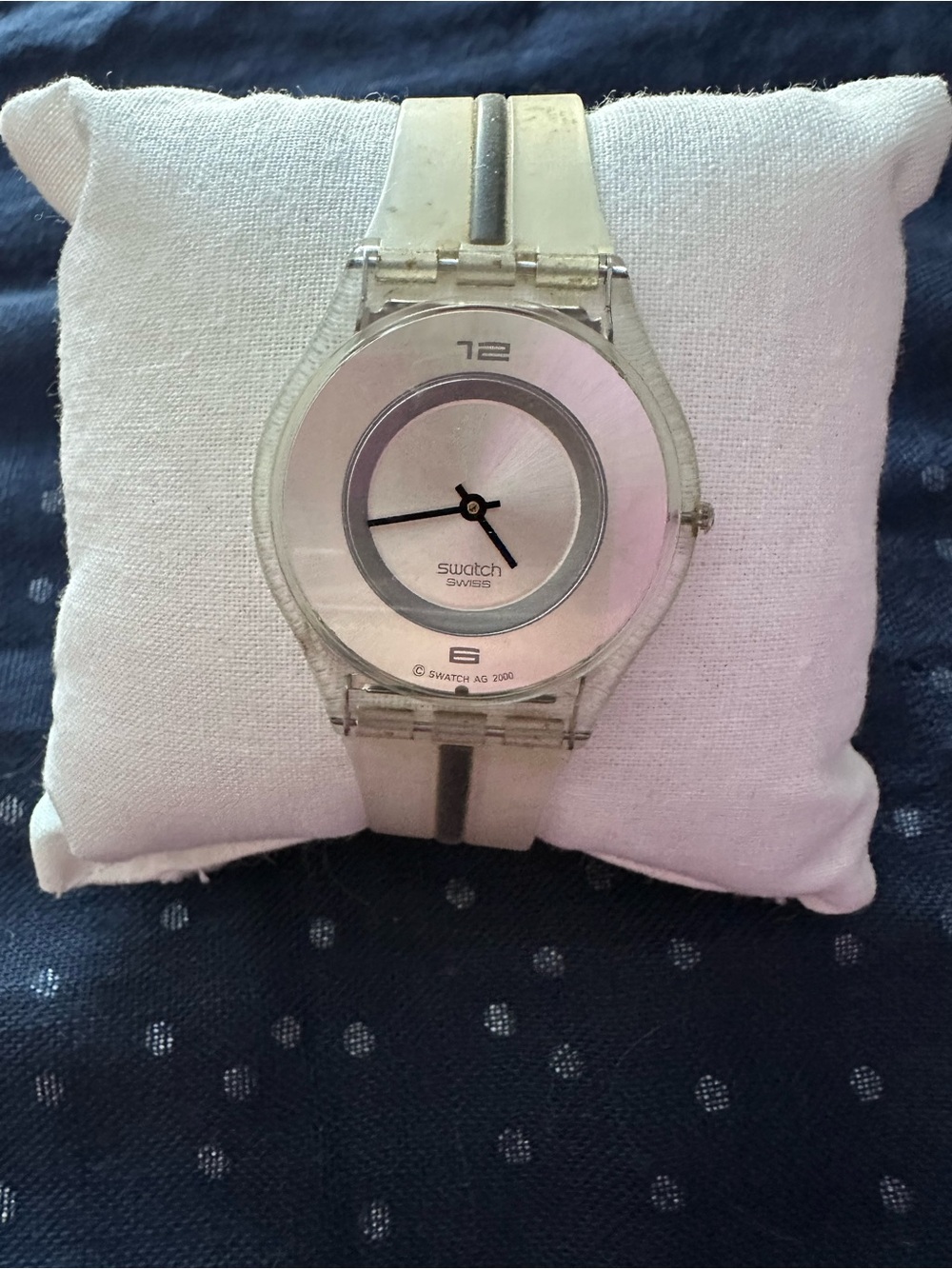 Swatch Silver Dial Transparent Case Watch with Light Beige Strap